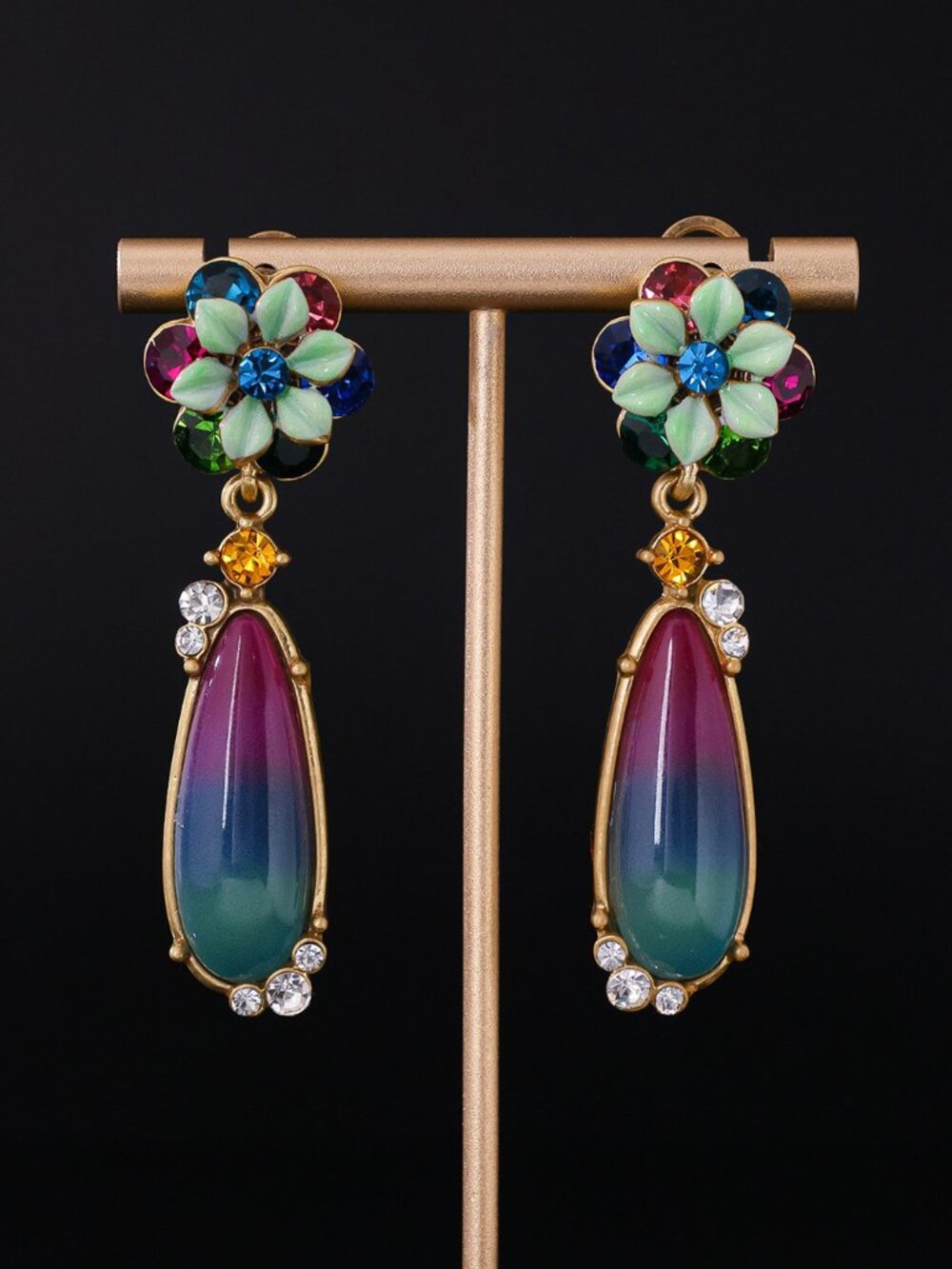 Vintage Style Floral Rhinestone Dangle Earrings Multicolor Gradient Cabochon